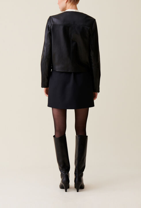 Short Round Neck Leather Jacket