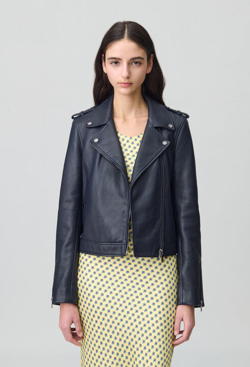Navy blue grained leather jacket 
