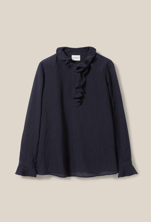 Dark blue striped ruffled blouse