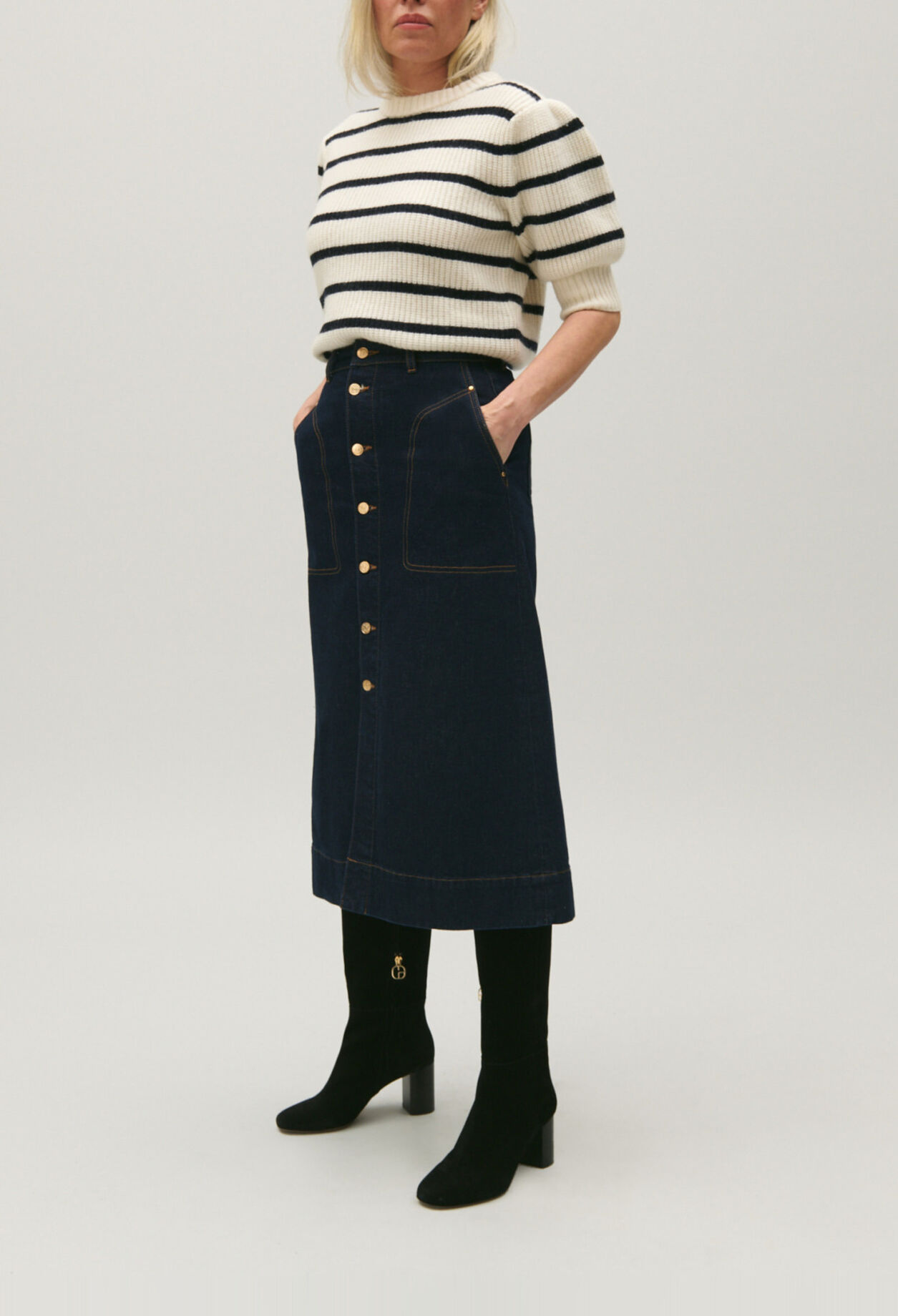 Blue denim midi skirt