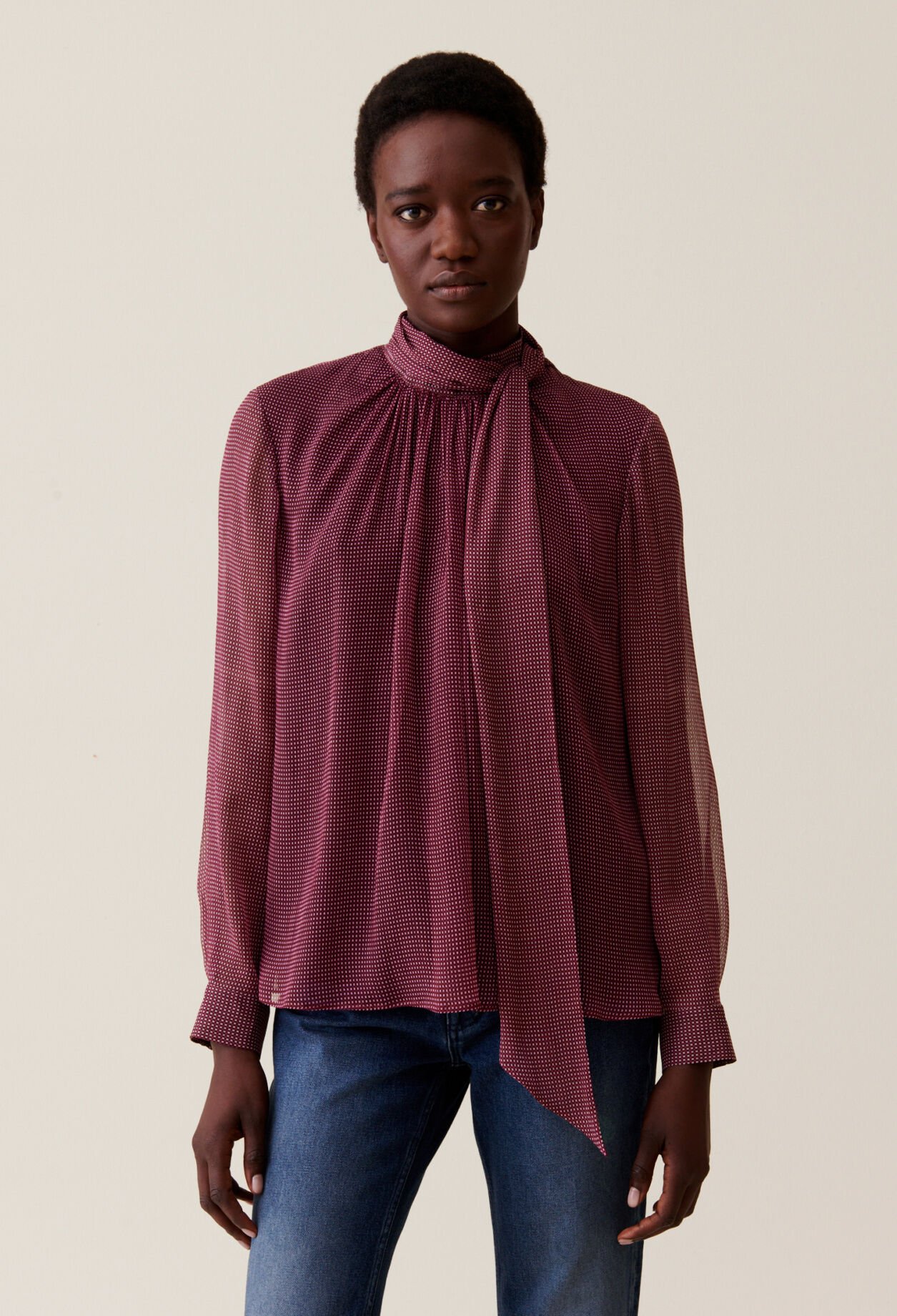 Fluid Check Tie-Neck Blouse