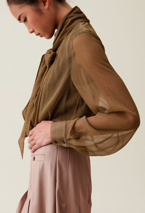 Fluid Check Tie-Neck Blouse