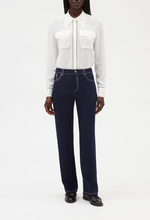 Blue silk straight trousers