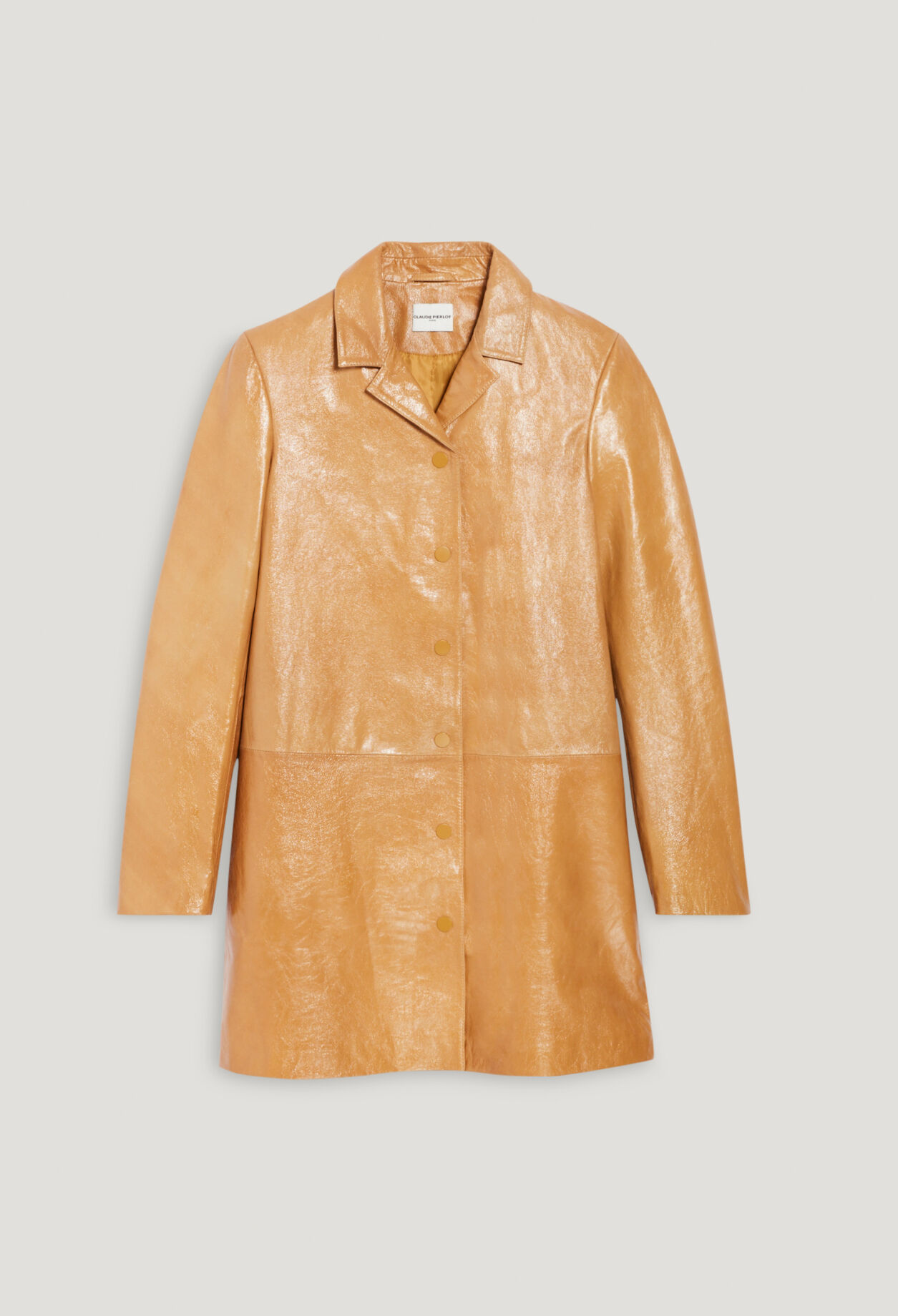 Ochre yellow long leather jacket