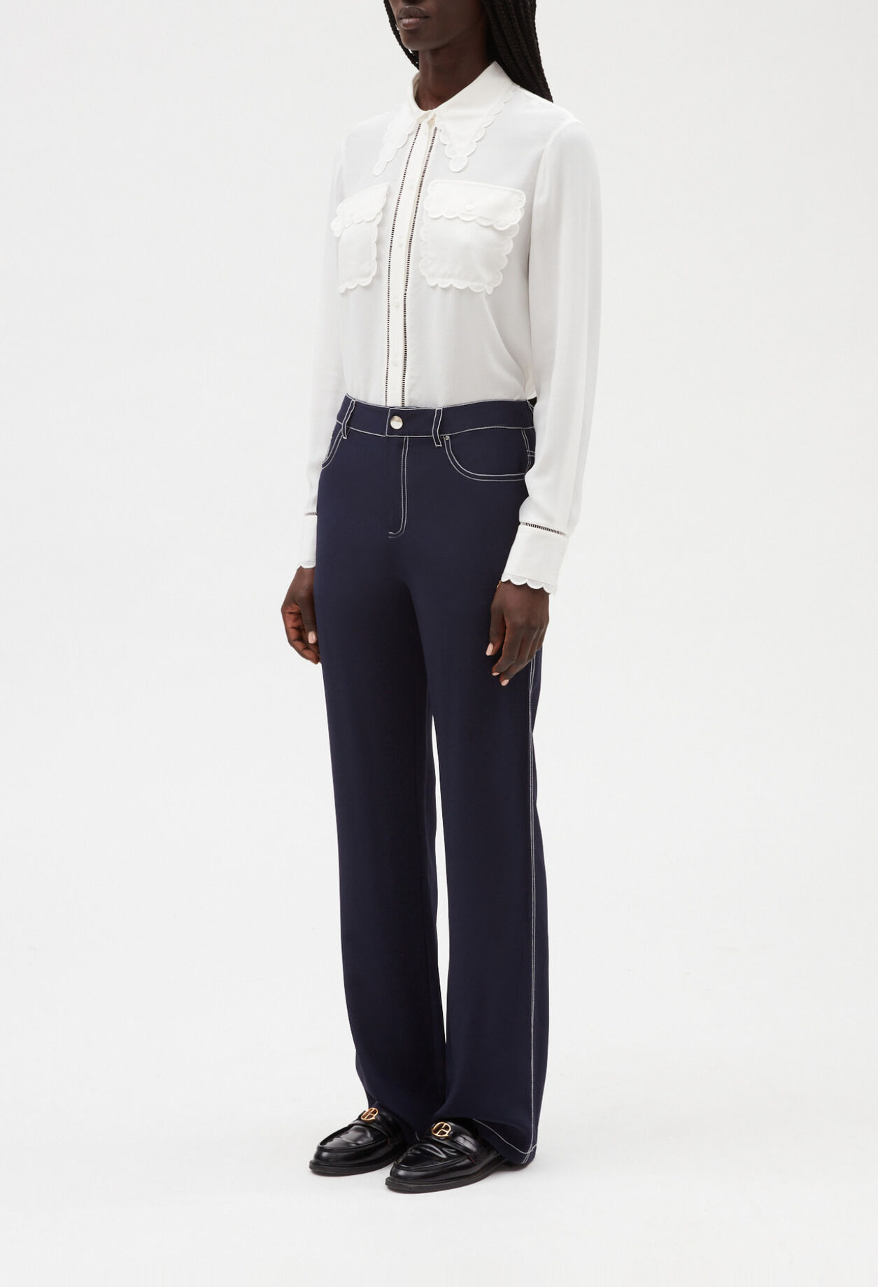 Blue silk long straight trousers
