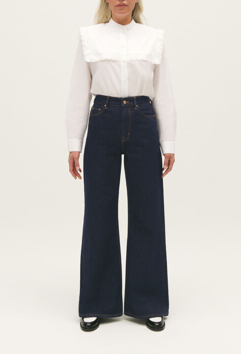 Blue straight-leg raw denim jeans