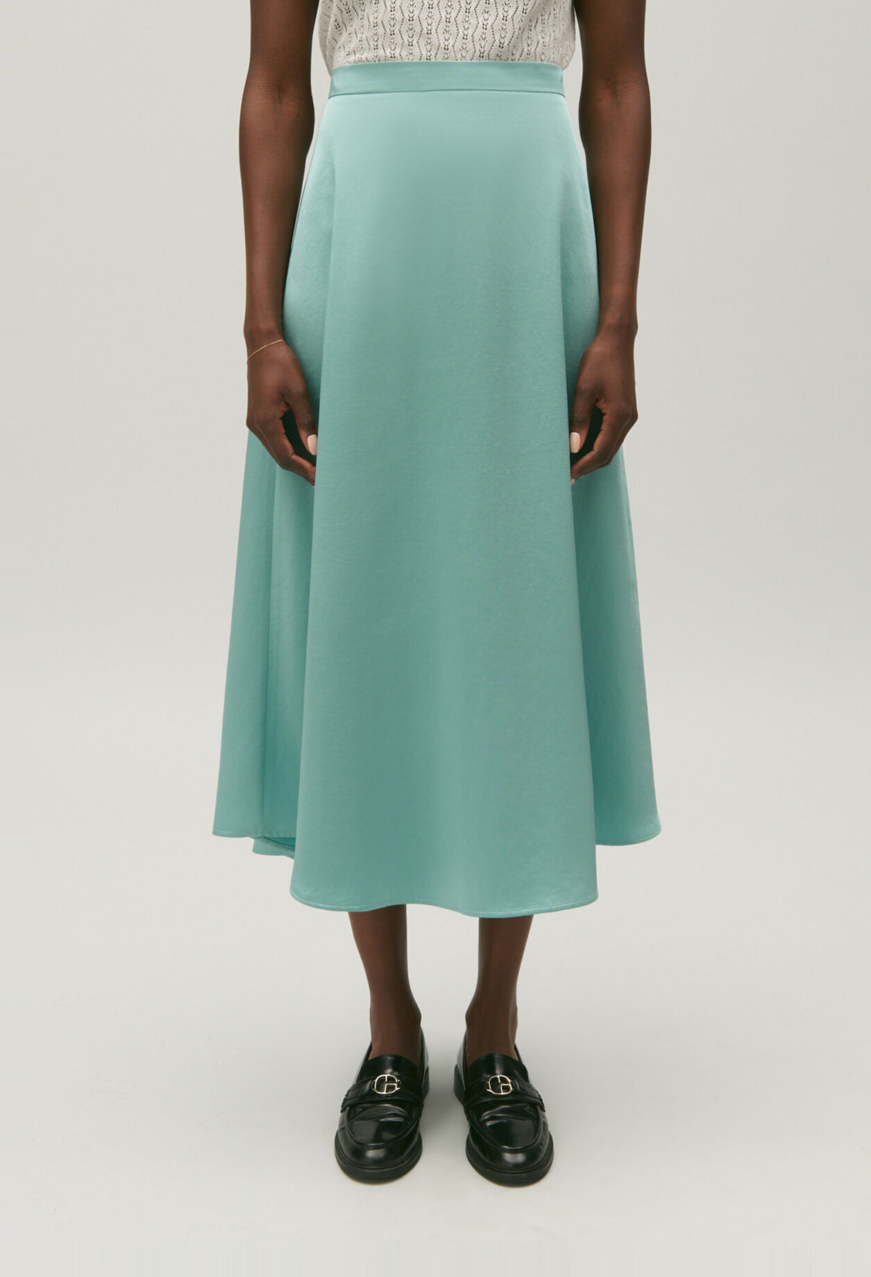 Flowing aqua satin midi skirt