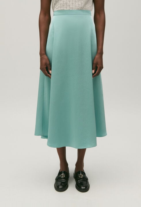 Flowing aqua satin midi skirt