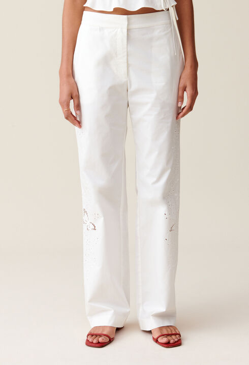 Ecru Straight-Leg Trousers Embroidery