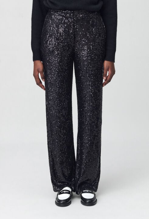 Straight-leg black sequin trousers