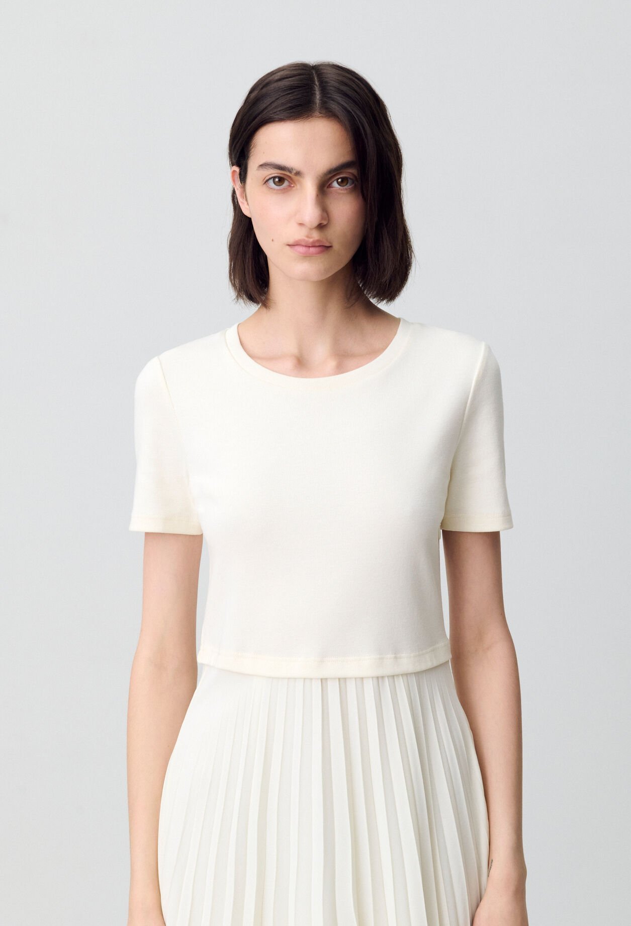 Twist ivory bi-material midi dress