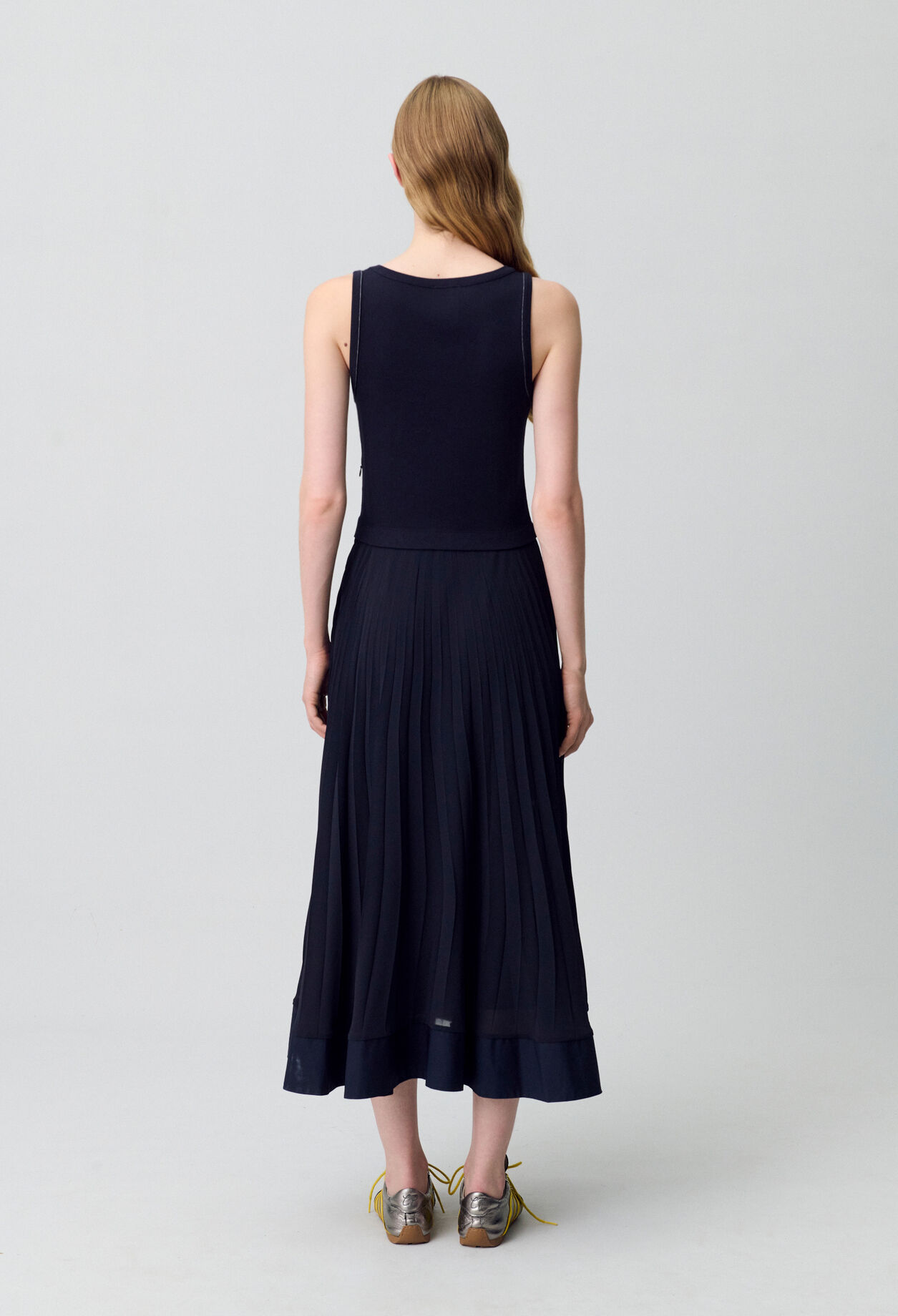 Navy blue long pleated dress
