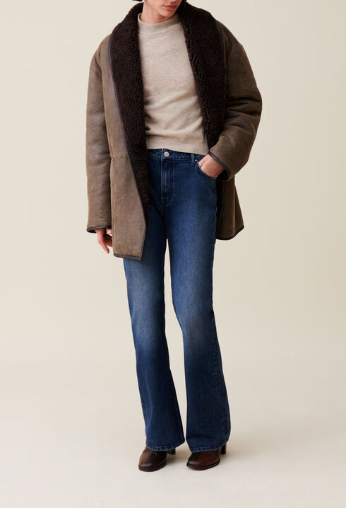 Taupe belted shearling jacket