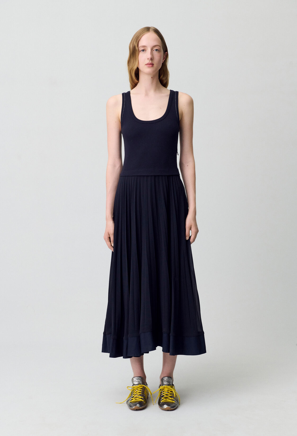 Navy blue long pleated dress