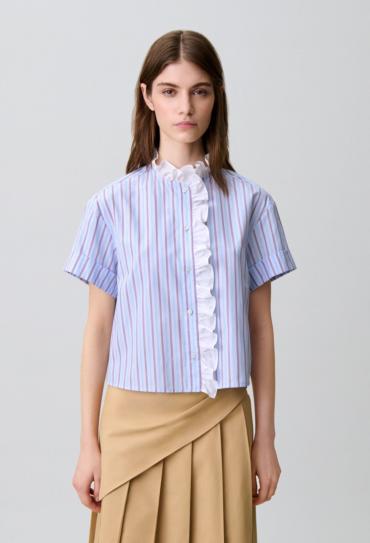Ruffled striped poplin shirt
