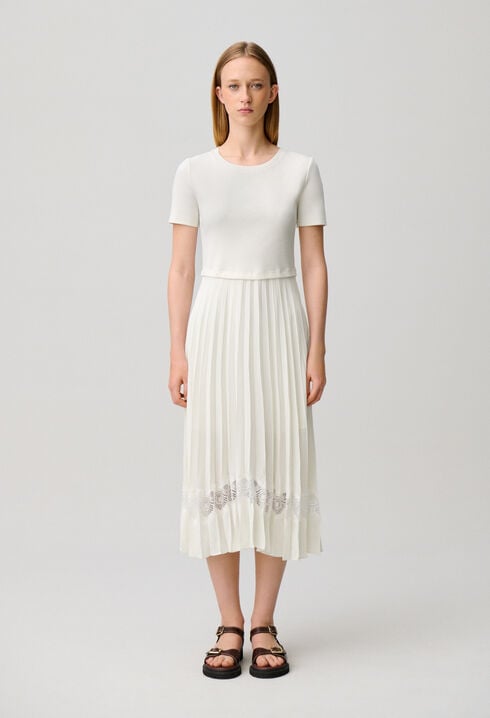 Twist ivory bi-material midi dress