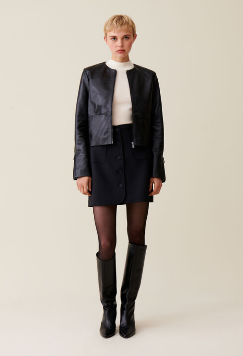 Short Round Neck Leather Jacket