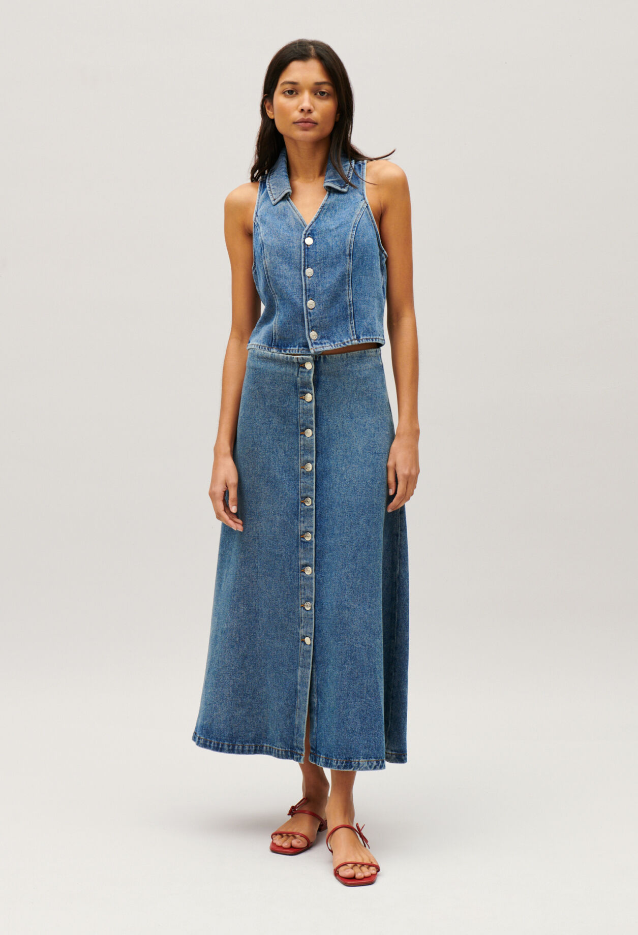 Blue denim sleeveless top