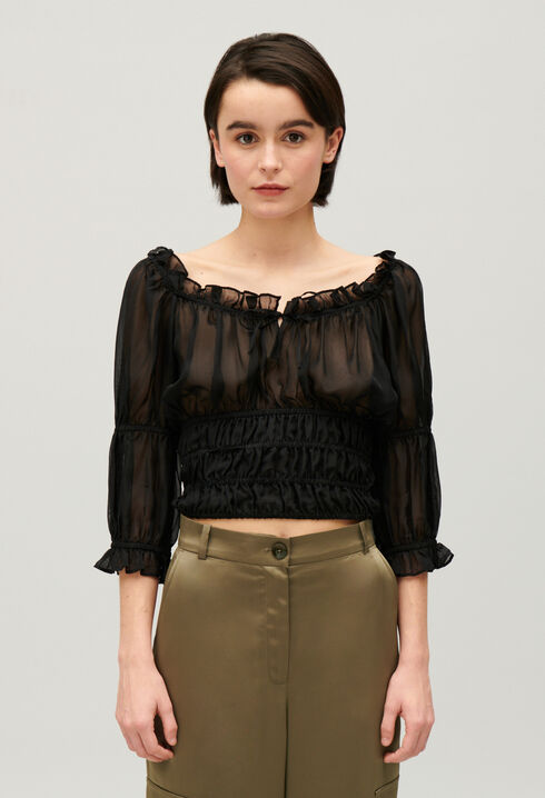 Short black ruffled blouse