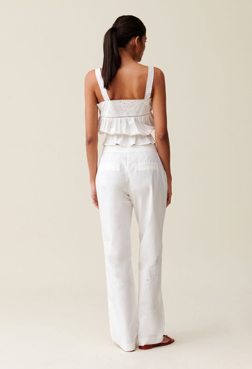 Ecru Straight-Leg Trousers Embroidery