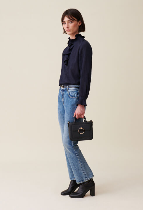 Dark blue striped ruffled blouse