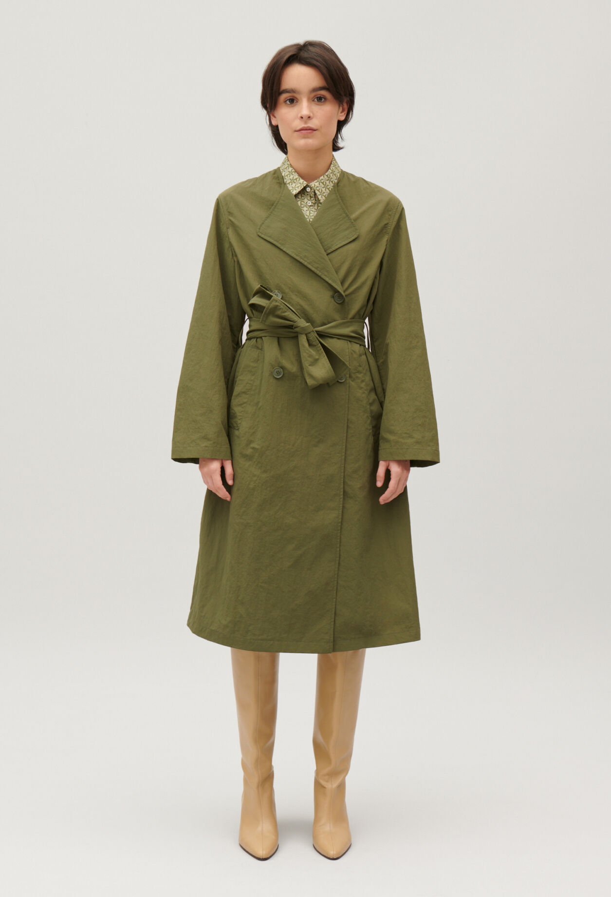 Khaki nylon mid-length trench coat