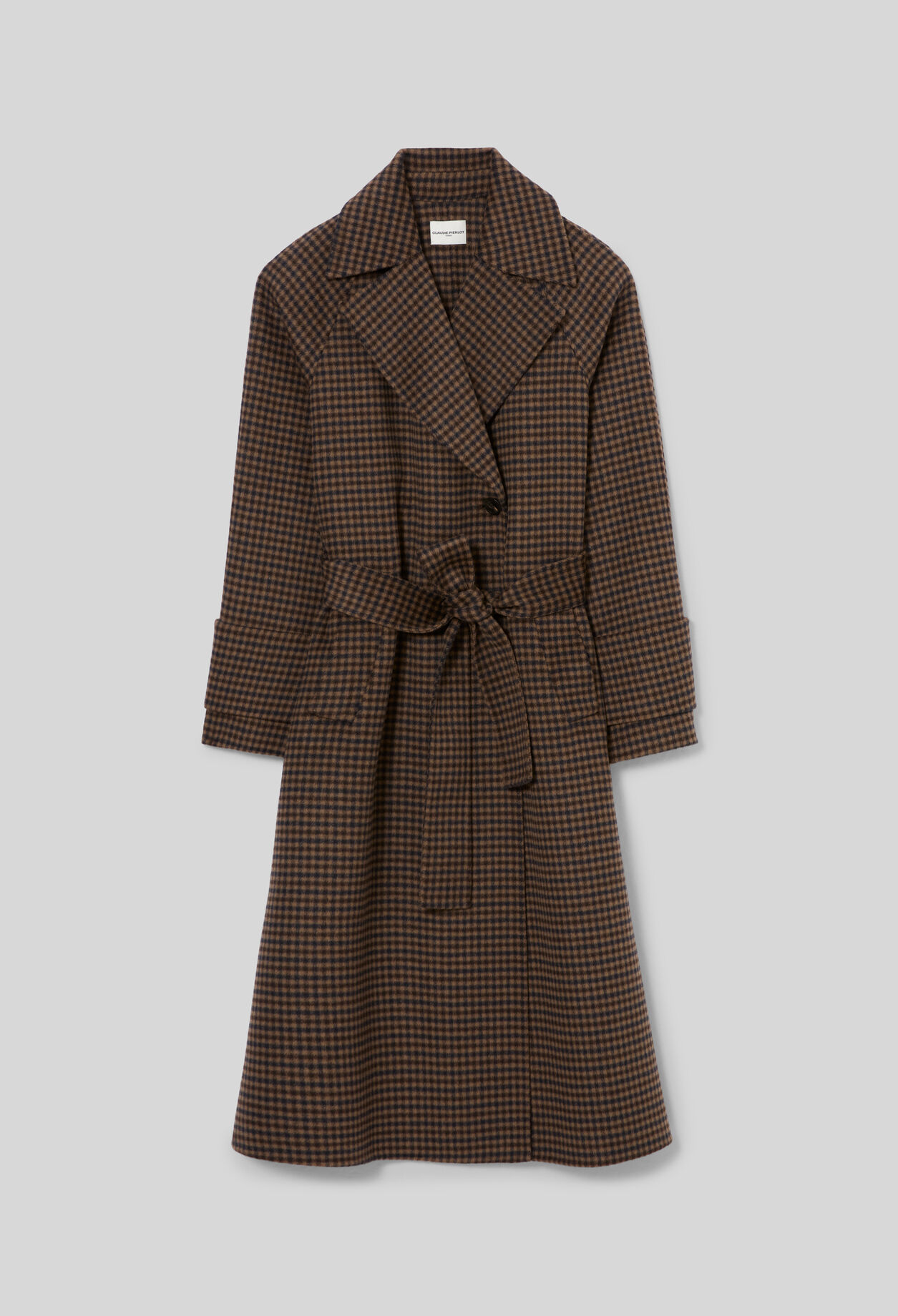 Mid-length checked belted coat