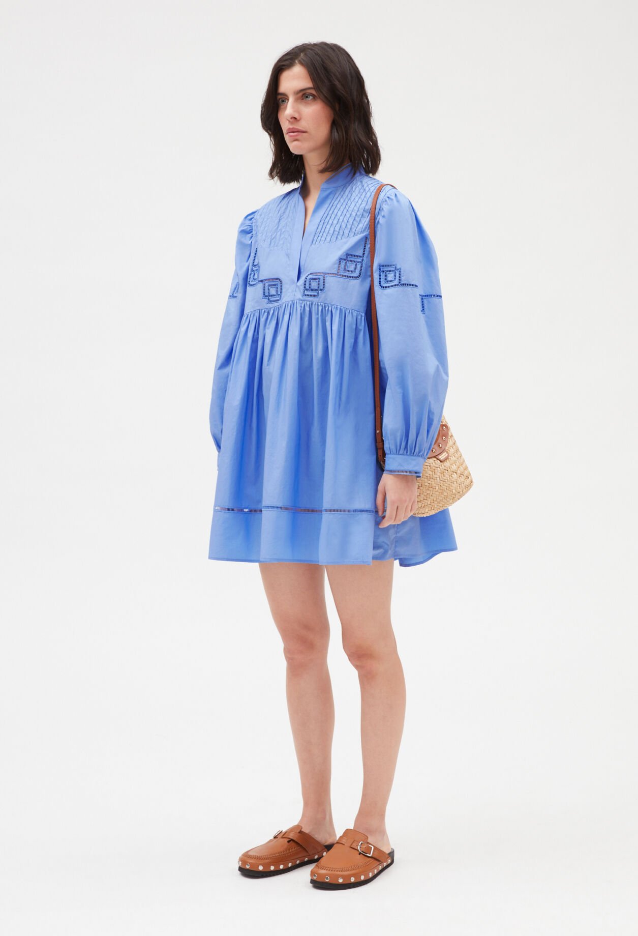 Embroidered blue cotton mini dress