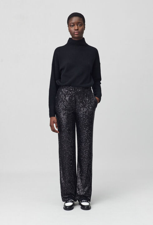 Straight-leg black sequin trousers