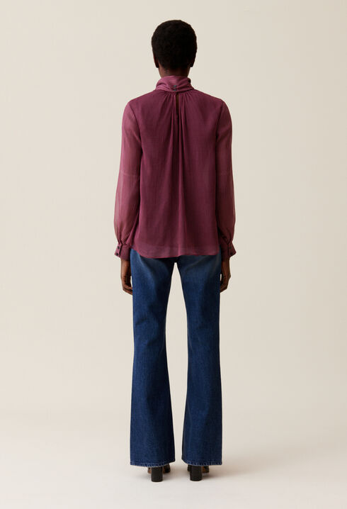 Fluid Check Tie-Neck Blouse