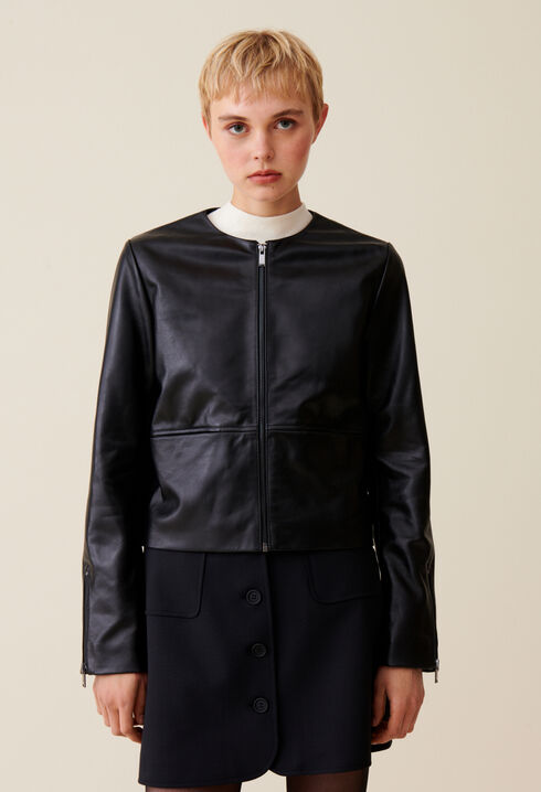 Short Round Neck Leather Jacket