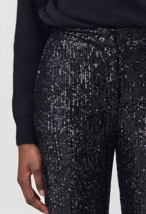 Straight-leg black sequin trousers
