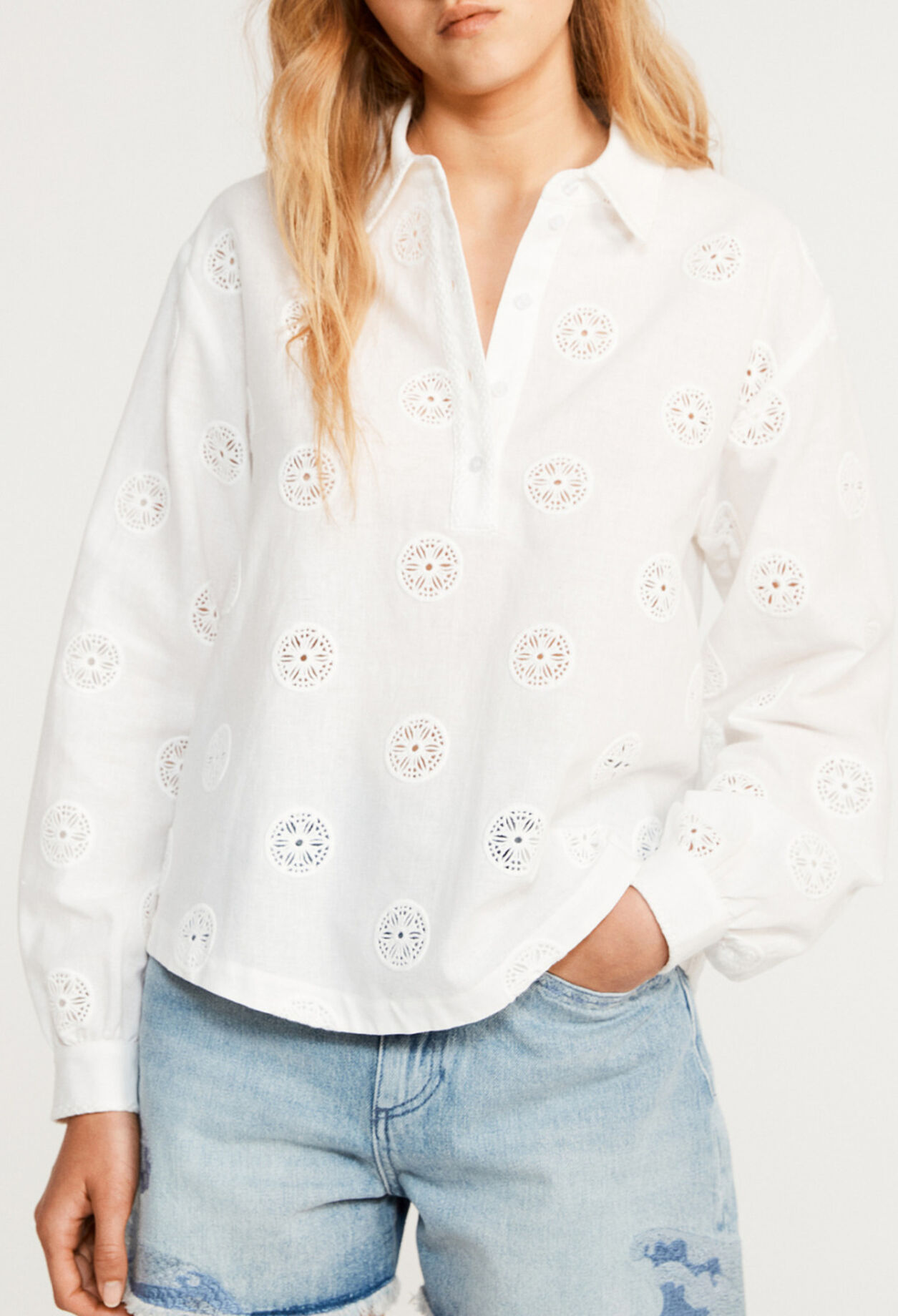 Long-sleeved polo-neck blouse