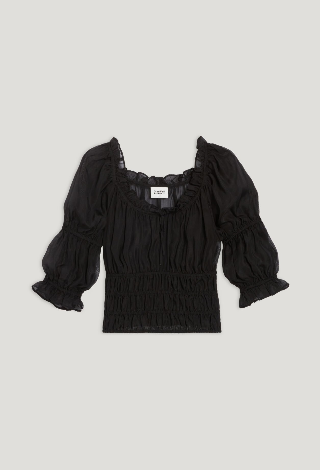 Short black ruffled blouse