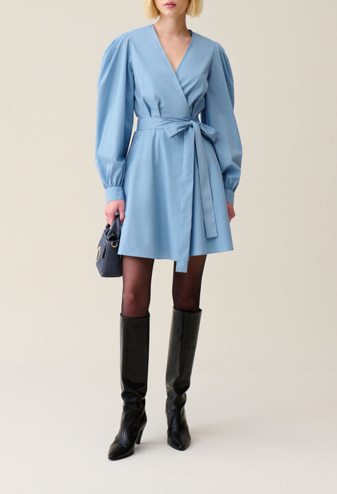 Blue short dress with puff sleeves