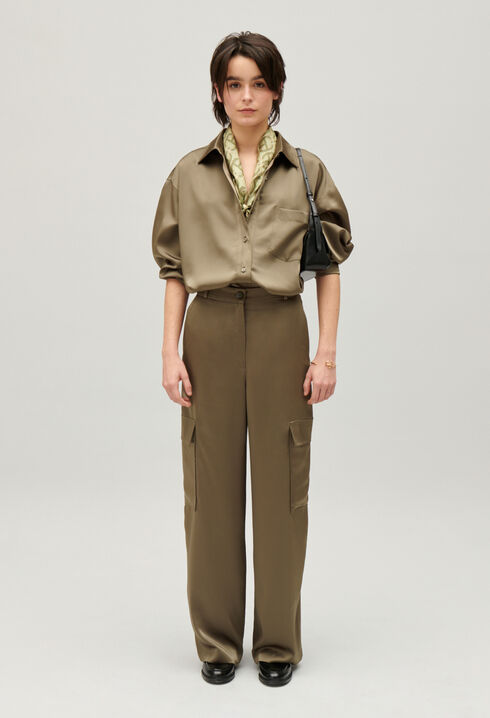 Khaki satin-effect floaty cargo trousers