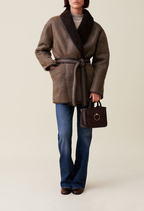 Taupe belted shearling jacket