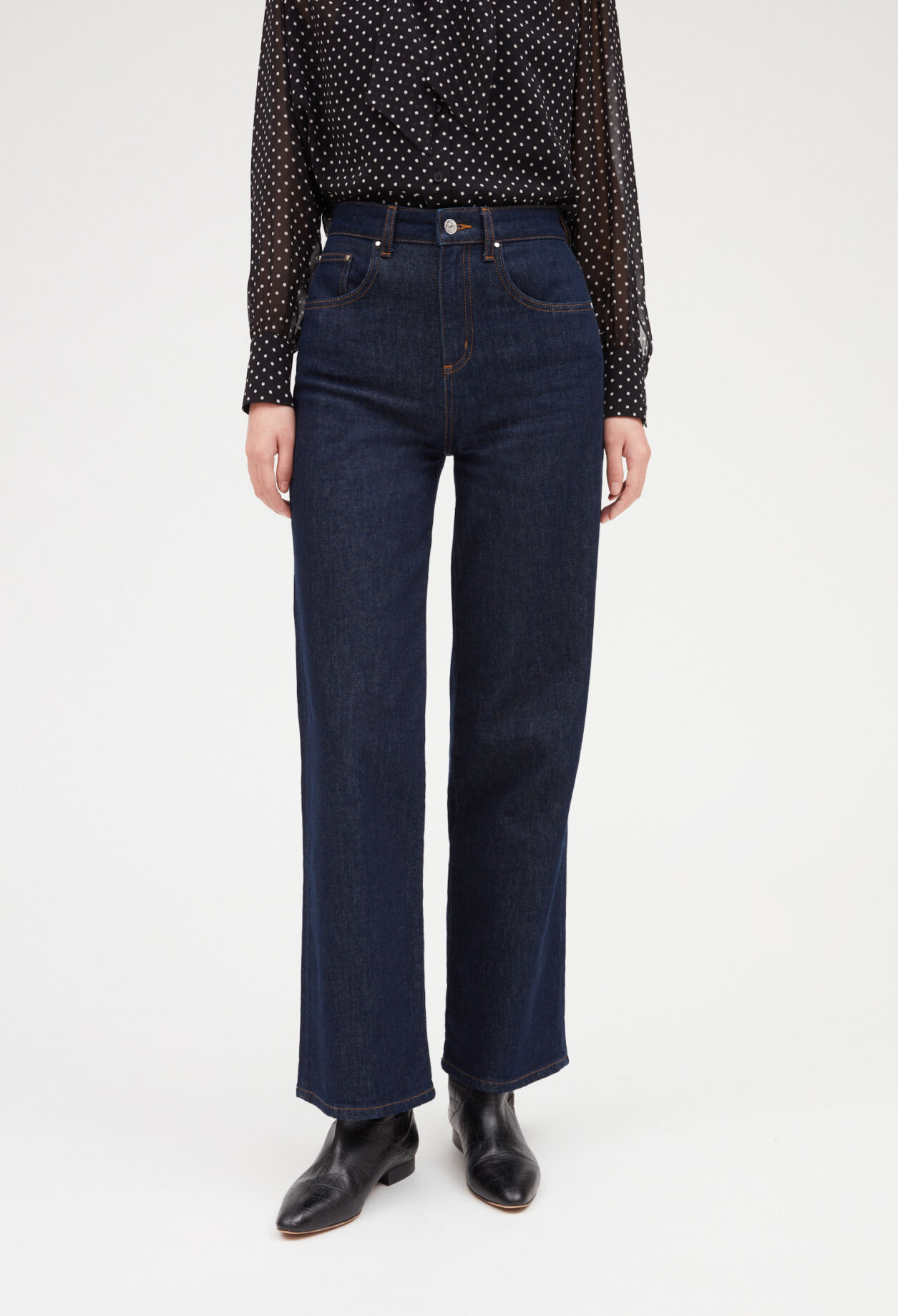 Wide leg raw denim jeans