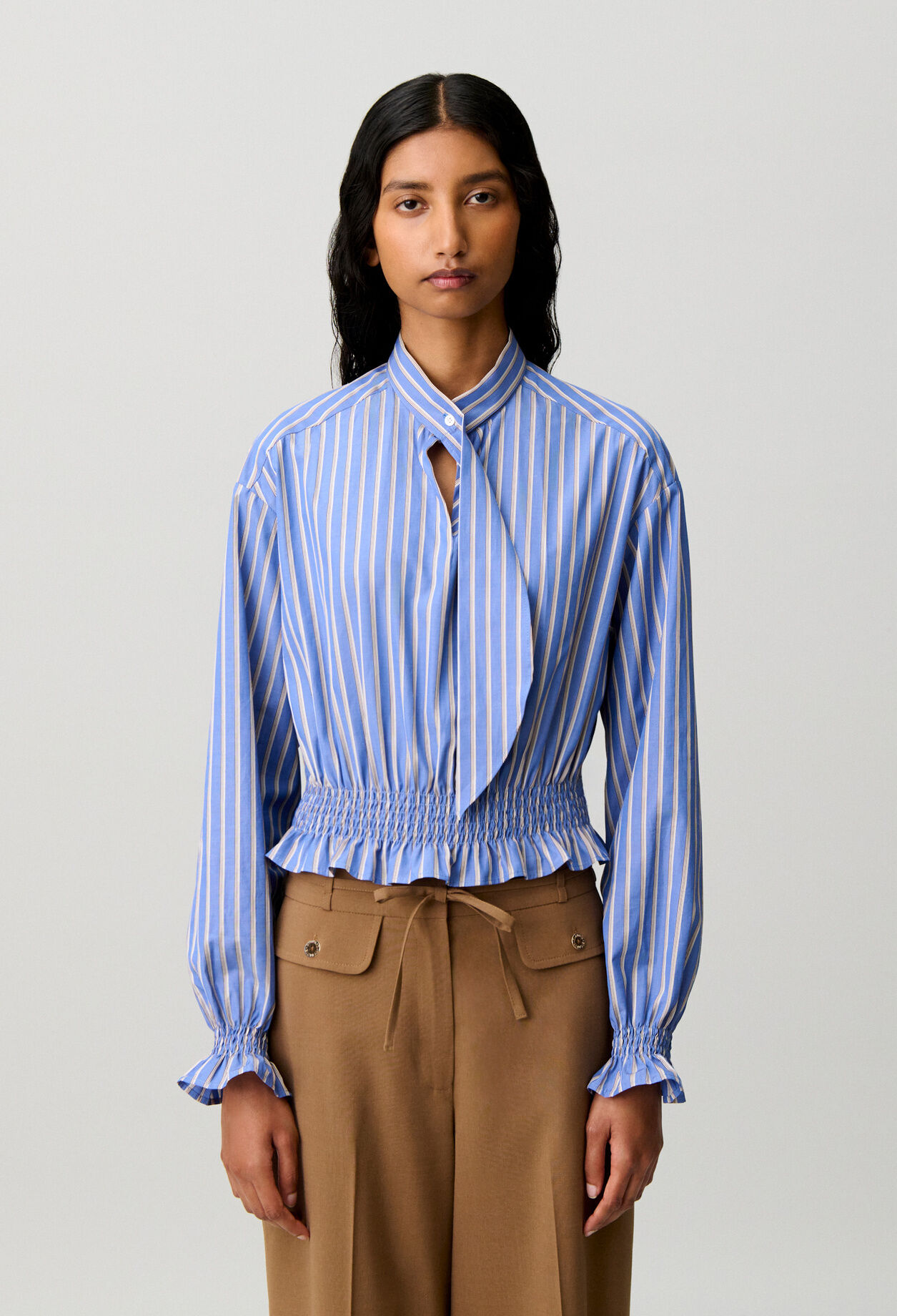 Striped poplin tie-neck top