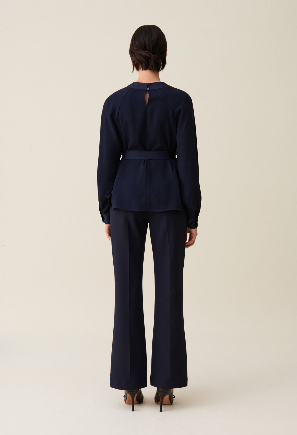 Navy belted flowy blouse