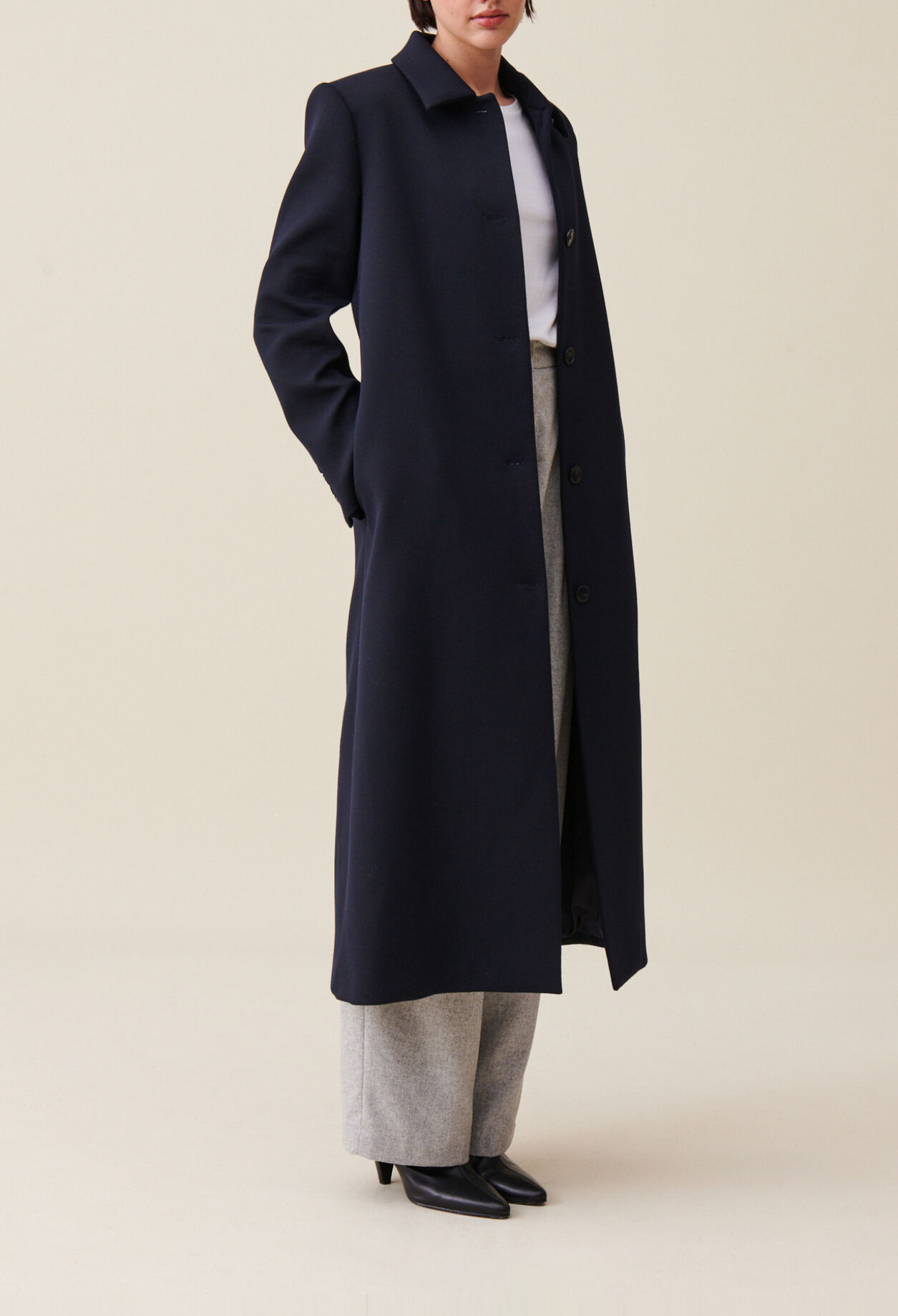 Long blue straight-cut coat
