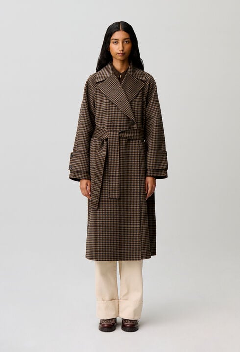 Mid-length checked belted coat