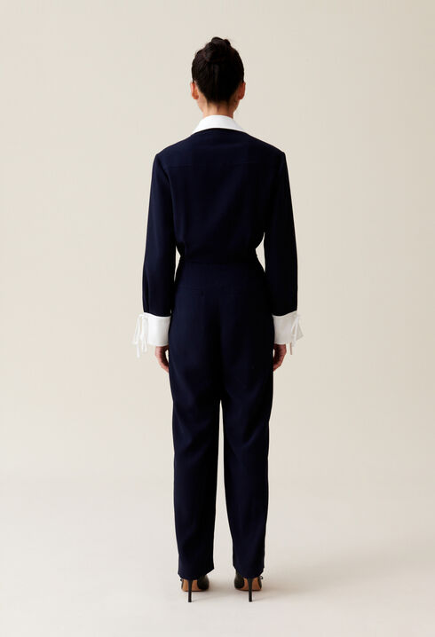 Navy dual-fabric jumpsuit