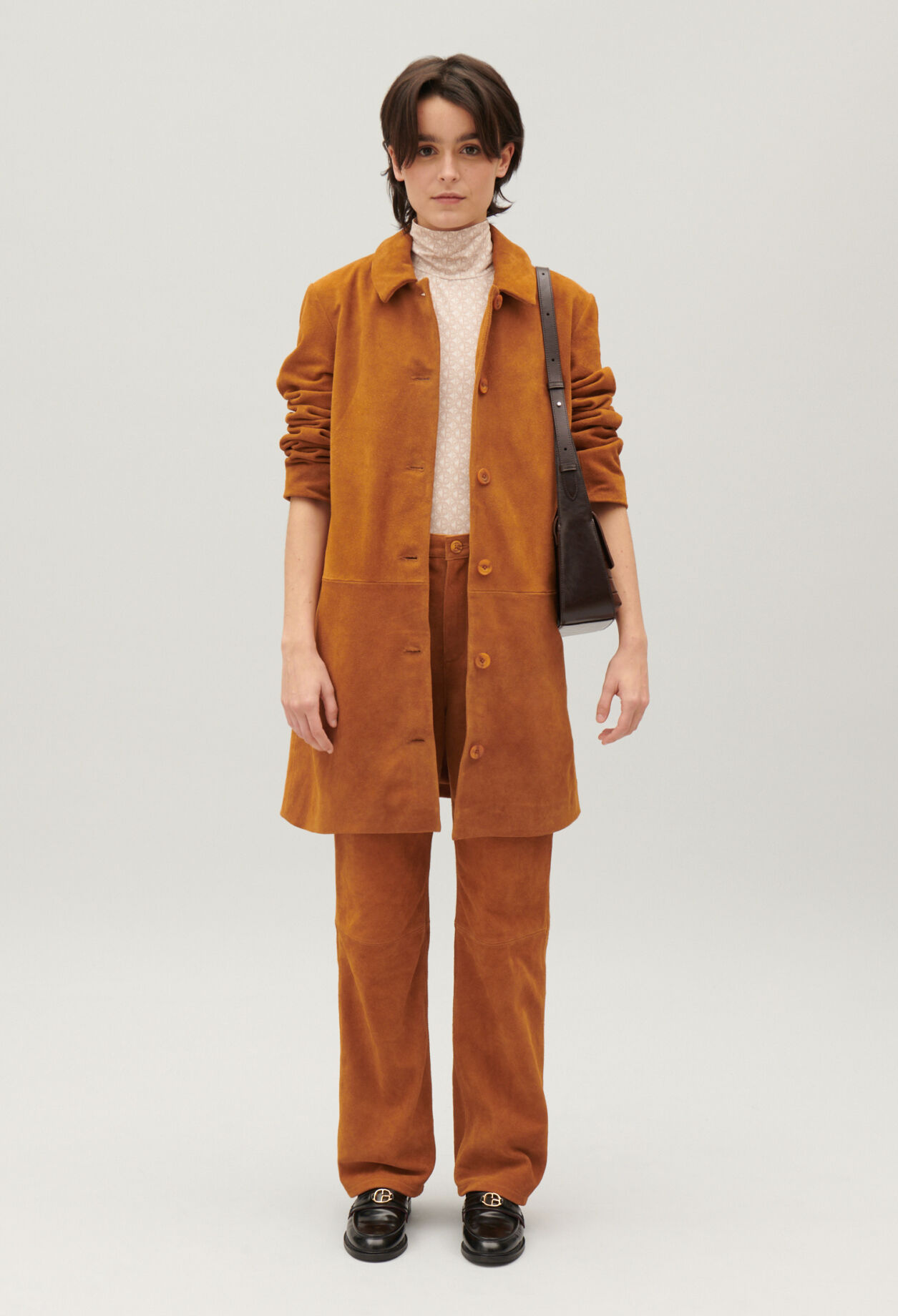 Dark beige straight suede leather coat