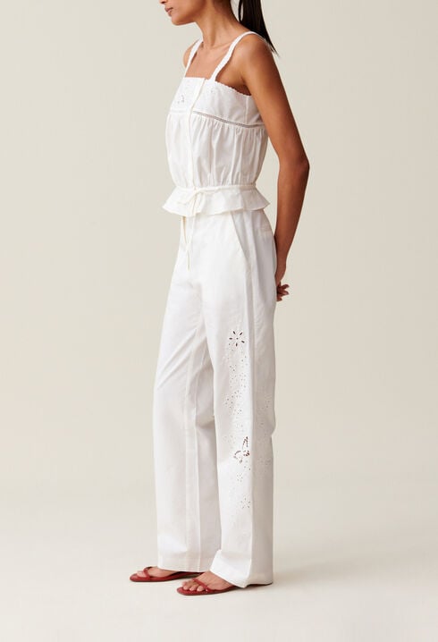 Ecru Straight-Leg Trousers Embroidery