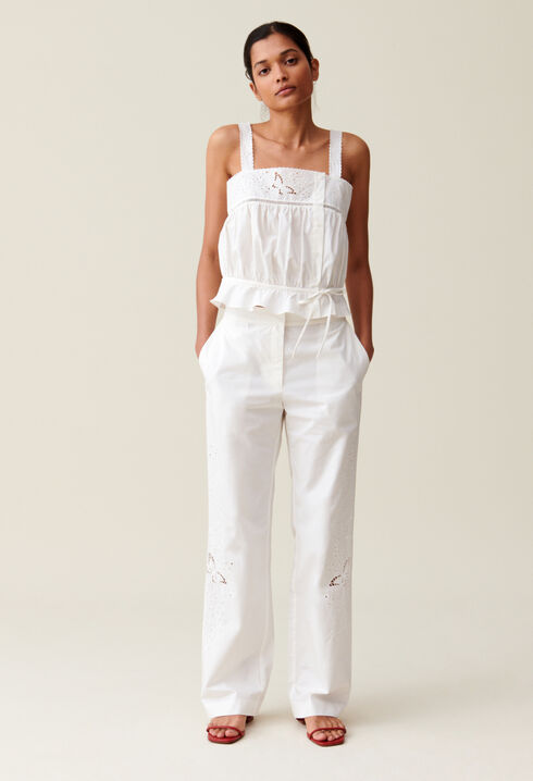 Ecru Straight-Leg Trousers Embroidery