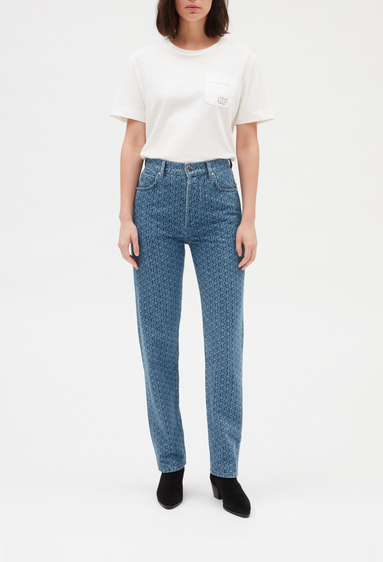 Straight monogrammed blue jeans