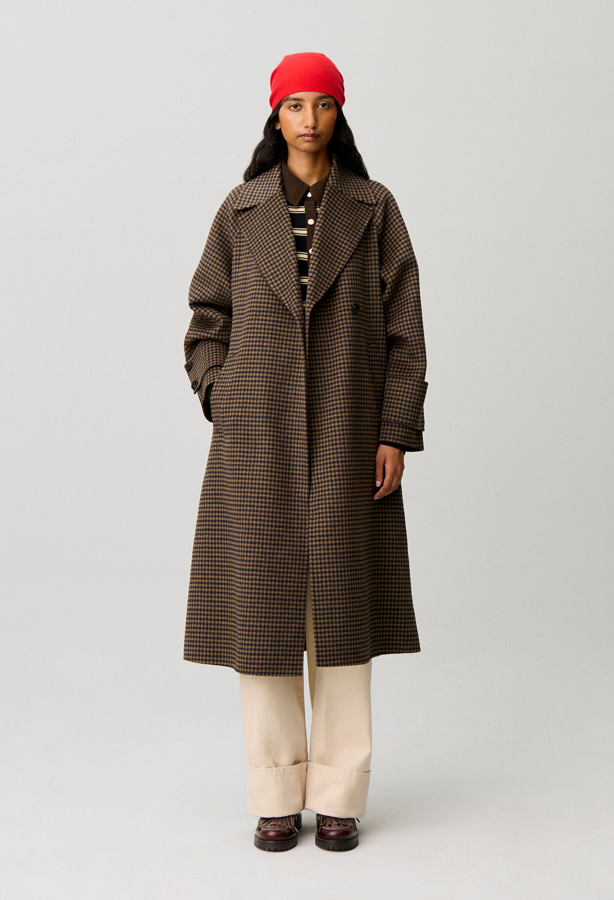 Mid-length checked belted coat