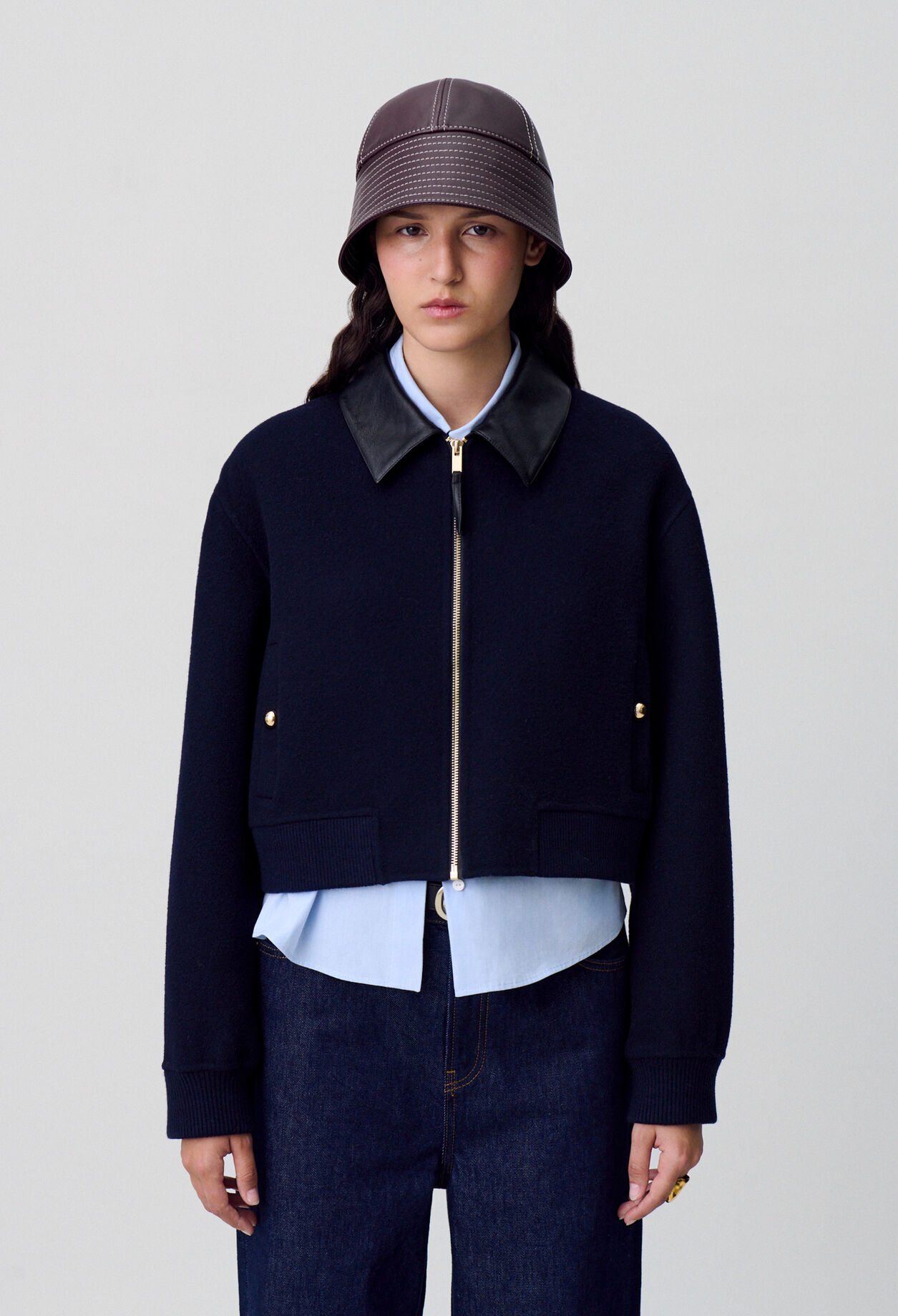 Wool Jacket Faux Leather Collar