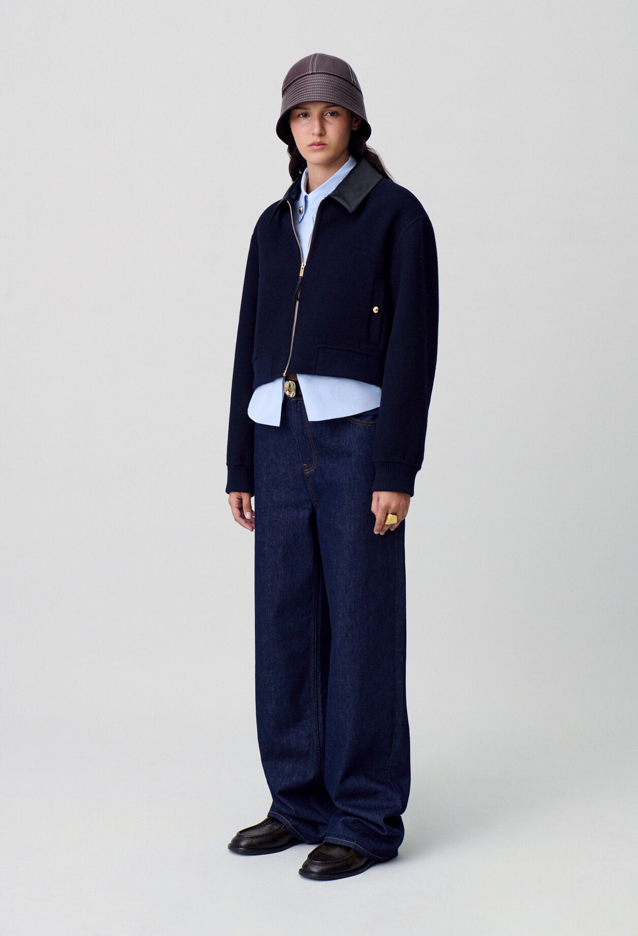 Wool Jacket Faux Leather Collar